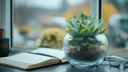 A green plant sits in a blue pot on a wooden table, accompanied by an open notebook and a laptop. Warm light enhances the peaceful atmosphere of the workspace.の素材