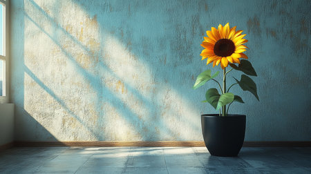A vibrant sunflower is positioned in a black pot within a sunlit room, showing an interplay of light and shadows against the textured blue walls and wooden floor.の素材