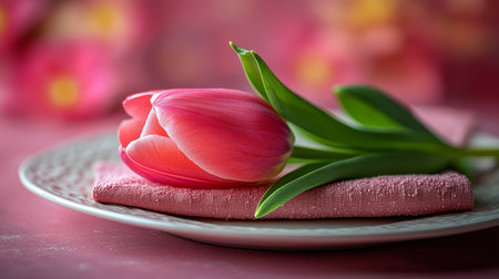 A beautifully arranged table showcases a single pink tulip resting on a textured napkin atop a plate. The warm lighting creates a cozy atmosphere, perfect for dining.の素材