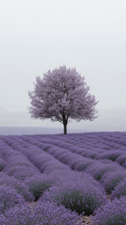 A vast field of purple lavender stretches across a hill beneath a dramatic sky at sunset.の素材