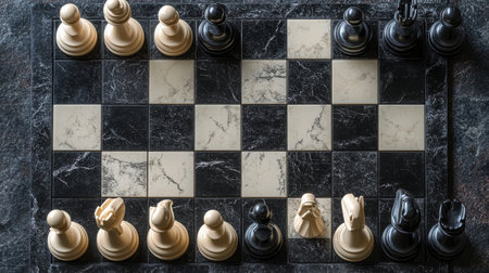 Two black and three white chess pieces are arranged on a checkered board, showcasing the iconic knight, rook, and king. The focus is on the strategy involved in the game.の素材