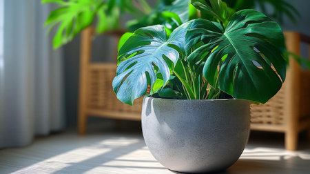 A vibrant green plant displays large leaves in a sleek gray pot, positioned next to a textured gray wall, creating a calming indoor atmosphere.の素材
