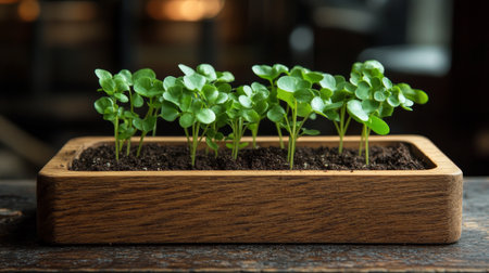 A vibrant young watermelon seedling emerges from rich, dark soil within a small wooden planter, basking in bright sunlight in a greenhouse setting.の素材