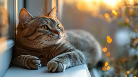A relaxed cat lounges peacefully on a windowsill, basking in the warm glow of golden hour sunlight. Dust particles catch the light, creating a serene atmosphere.の素材
