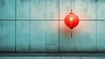 A vibrant red lantern is suspended from a wall with a textured blue surface. The lantern illuminates the surroundings softly, creating a warm ambiance in the evening.の素材
