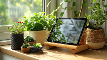 A wooden table holds a tablet and a patterned coffee cup, with greenery in the background creating a warm, inviting atmosphere. Soft lighting enhances the cozy vibe.の素材