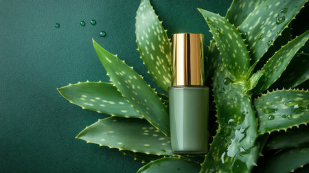 A black cosmetic bottle with a golden cap rests next to a vibrant green aloe vera plant on a dark, textured stone background. The contrast highlights the sleek design and natural element.の素材