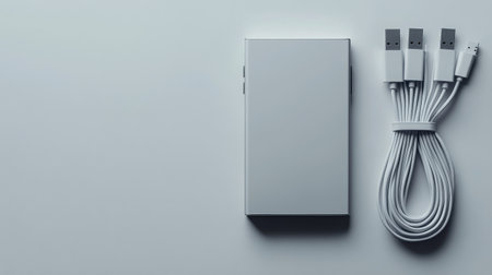 A sleek black portable power bank rests on a smooth surface alongside a USB cable, ready to charge various electronic devices efficiently and conveniently.の素材