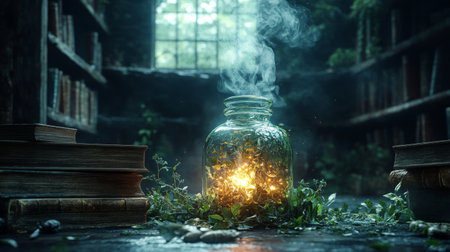 A vibrant turquoise potion emits swirling smoke, resting on a rustic stone surface. Nearby, old books and fresh herbs create an enchanting atmosphere in a cozy setting.の素材