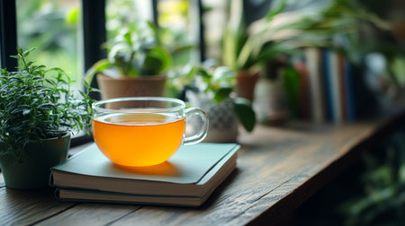 A speckled blue cup filled with tea rests on two stacked books. Bright green plants and cheerful flowers decorate the background, creating a warm, inviting atmosphere.の素材