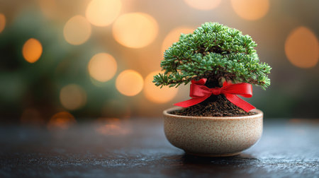 A small bonsai tree featuring lush green leaves and bright red berries is presented in a decorative pot. A red ribbon ties the plant, emphasizing its festive charm in a soft background.の素材