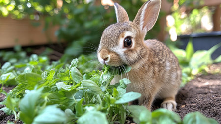 A small rabbit enjoys a meal of tender greens in a lush garden. The sunlight filters through the leaves, creating a peaceful atmosphere for the hungry animal.の素材