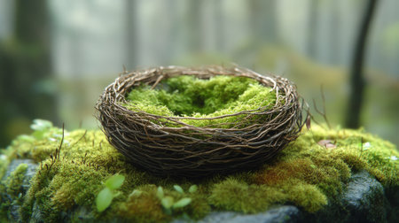 A handmade nest made of twigs holds three brown eggs placed on soft green moss, creating a serene and natural display. The cozy setting evokes warmth and tranquility.の素材