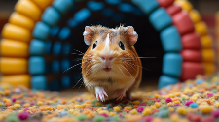 A guinea energetically leaps through brightly colored tunnels in a lively play area. The scene is filled with soft wood chips and vibrant structures, creating a joyful atmosphere.の素材