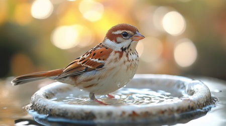 A vibrant bird stands on the edge of a garden fountain, sipping water as soft sunlight creates a warm, golden background. The tranquil moment captures nature's beauty.の素材