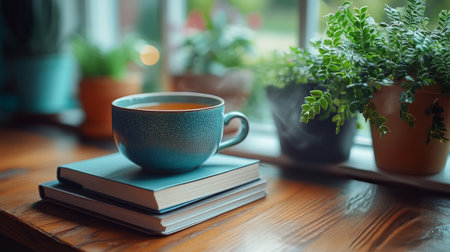 A speckled blue cup filled with tea rests on two stacked books. Bright green plants and cheerful flowers decorate the background, creating a warm, inviting atmosphere.の素材