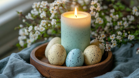 A charming features display painted eggs, a lit candle in a pastel holder, and pink flowers, all arranged in a rustic wooden tray on a table.の素材