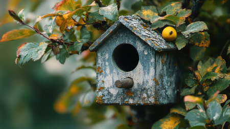 A rustic birdhouse sits on a tree branch, surrounded by vibrant yellow and orange leaves. The peaceful atmosphere highlights nature's beauty in the autumn season.の素材