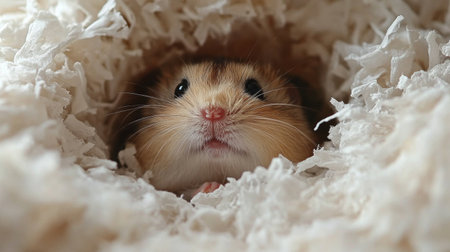 A small rodent peeks out from a crumpled paper tunnel. Its curious eyes and delicate paws showcase its adorable nature, creating a charming moment of curiosity and innocence.の素材