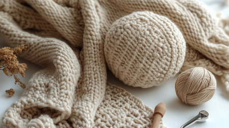 Soft yarn balls and wooden knitting needles surround delicate dried flowers, creating an inviting atmosphere for cozy crafting moments and creative projects.の素材