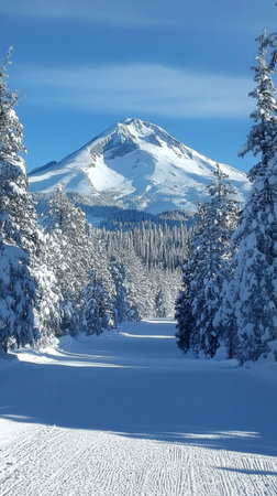 A serene winter landscape showcases a snow-covered pathway lined with tall trees, leading to a stunning mountain peak in a clear blue sky, creating a peaceful atmosphere.の素材