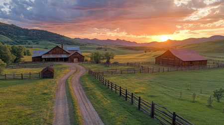 A picturesque rural setting showcases a winding dirt road leading to a rustic farm at sunset. Barns dot the landscape, surrounded by rolling hills and vibrant colors in the sky.の素材