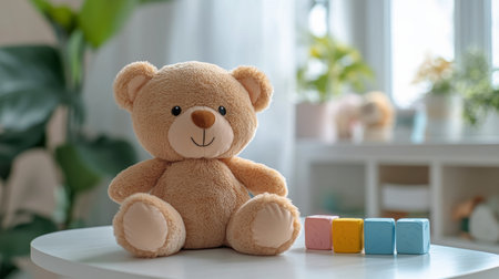 A cute teddy bear is positioned on a light table in a bright playroom filled with natural light. Colorful building blocks are scattered near the bear, inviting playful interaction.の素材