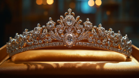 A stunning tiara featuring intricate designs and sparkling gems rests on a soft cushion, showing its beauty in an opulent environment, perfect for special occasions.の素材