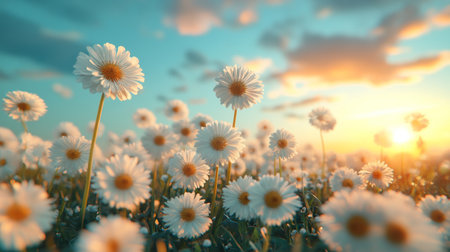 A vibrant field filled with various wildflowers displaying an array of colors with a captivating sunset in the background, creating a serene atmosphere.の素材