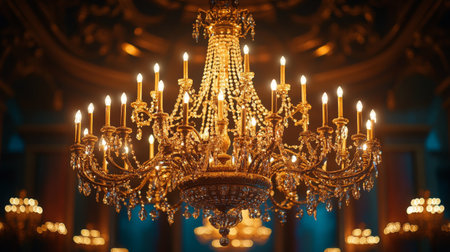 A stunning chandelier adorned with crystals and candles lights up a lavish room filled with warm ambiance, creating an exquisite atmosphere for an evening celebration.の素材