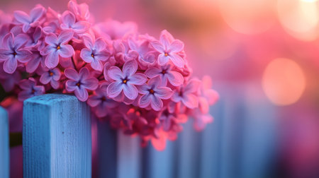 Delicate lilac flowers cascade over a pale blue wooden fence, bathed in warm sunset light, creating a tranquil atmosphere in a garden.の素材