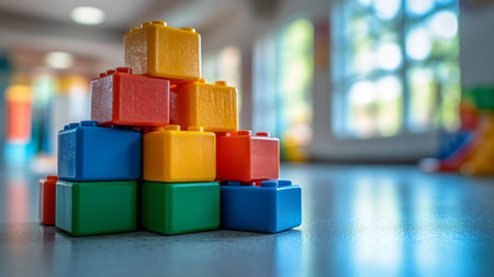 Brightly colored blocks in red, yellow, blue, and green are meticulously stacked in a play area designed for children, inviting creativity and fun.の素材