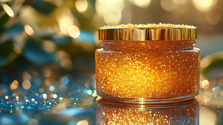 A jar filled with sparkling golden glitter sits on a reflective surface surrounded by a shimmering backdrop.の素材