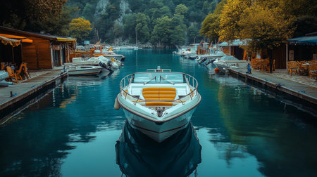 A small boat rests quietly in the water of a tranquil harbor, framed by vibrant trees and wooden docks, creating a peaceful retreat on a clear day.の素材