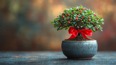 A small bonsai tree featuring lush green leaves and bright red berries is presented in a decorative pot. A red ribbon ties the plant, emphasizing its festive charm in a soft background.の素材