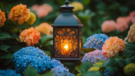 Warm light from a lantern enhances the beauty of colorful flowers in a garden as dusk settles, creating a tranquil ambiance and inviting atmosphere for relaxation.の素材