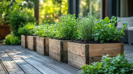 Lush herbs thrive in wooden planters on a bright balcony, showing a variety of green plants basking in the sunlight. This space offers a tranquil and fresh atmosphere.の素材
