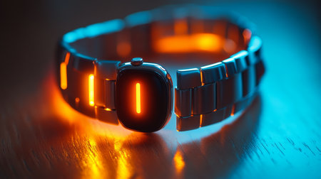 A metallic smartwatch with glowing orange lights is set against a wooden surface. The device emits a captivating glow in a dimly lit environment, highlighting its modern design.の素材