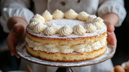 A beautifully presented layered cake is served on a rustic wooden table. The cake features cream filling, is dusted with powdered sugar, and surrounded by tasty treats.の素材