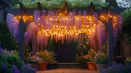 Blue wisteria flowers hang elegantly from a pergola adorned with warm fairy lights, creating a tranquil atmosphere in the garden during twilight.の素材