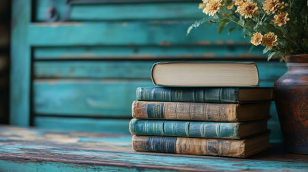 A collection of vintage books stacked on a rustic wooden table, adorned with a decorative vase of fresh flowers in a cozy setting that exudes warmth and nostalgia.の素材