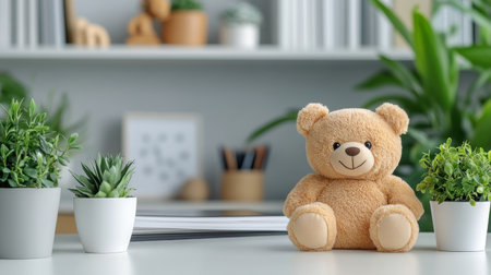A soft teddy bear is placed on a desk, accompanied by neat stationery and bathed in warm natural light. The cozy atmosphere creates an inviting workspace.の素材