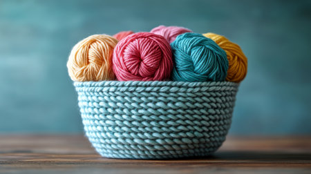 A woven basket holds vibrant yarn balls in soft pastel shades, creating a warm atmosphere in a cozy room filled with light and decorative elements.の素材