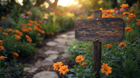 A charming miniature house with blue walls and a tiled roof sits amidst a beautiful flower bed in a garden. The house is adorned with small shutters and a welcoming sign.の素材