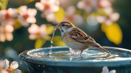 A vibrant bird stands on the edge of a garden fountain, sipping water as soft sunlight creates a warm, golden background. The tranquil moment captures nature's beauty.の素材