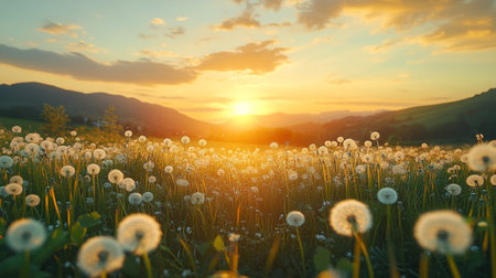 A vibrant field filled with various wildflowers displaying an array of colors with a captivating sunset in the background, creating a serene atmosphere.の素材