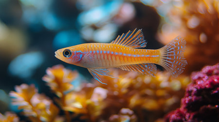 Goldfish swim effortlessly through lush aquatic plants, creating a captivating display of color and movement in a tranquil underwater habitat.の素材