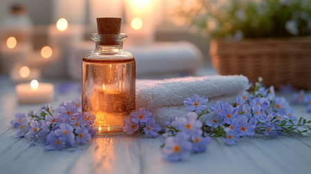 An amber glass bottle with a dropper sits on a marble counter in a serene spa setting. Soft lighting and natural elements create a calming atmosphere, enhancing relaxation.の素材