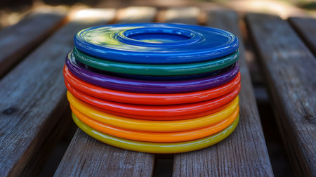 A bright arrangement of circular toys in various colors is neatly stacked on a rustic wooden table. This vibrant display adds a playful touch to an outdoor setting.の素材