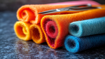 Stacked felt sheets in vibrant colors are positioned next to a pair of scissors on a textured workspace, showcasing an inviting atmosphere for crafting activities.の素材